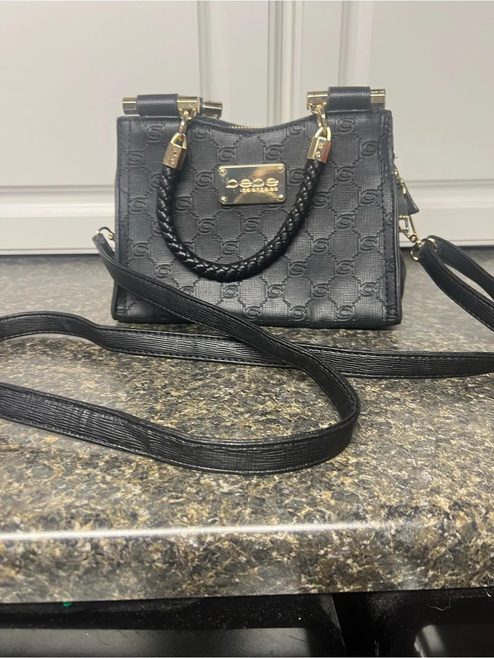 bebe Black Embossed Logo Satchel with Gold Plaque